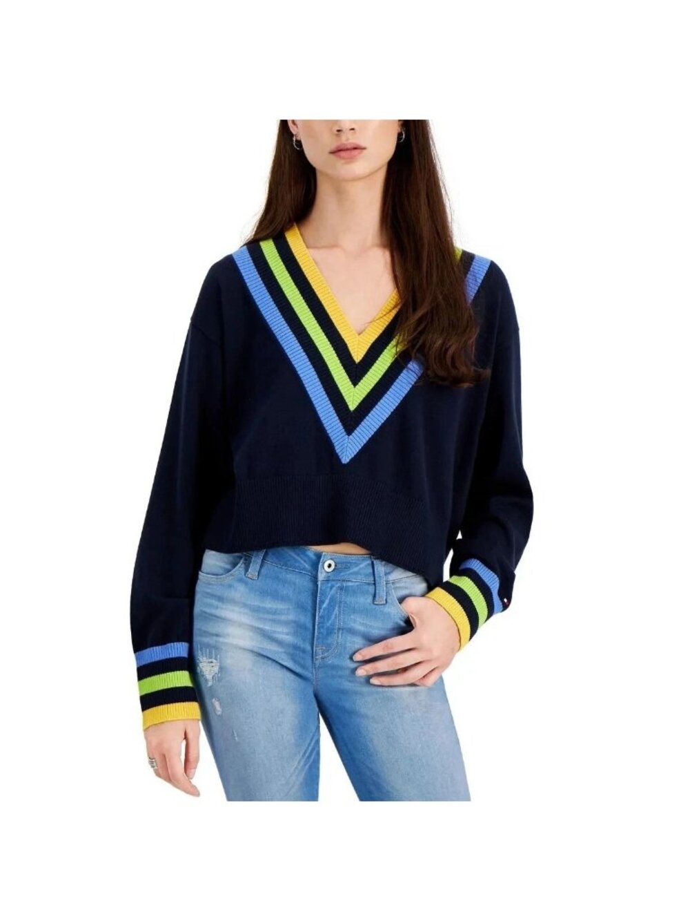 Tommy Hilfiger Womens V-Neck Striped Cropped Sweater Navy Yellow Large